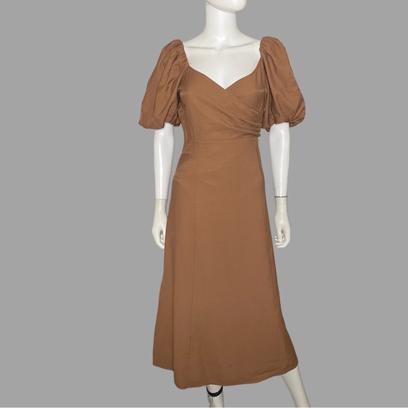 Zoe & Claire Elegant Brown Puff Sleeve Midi Dress‎ - Picture 1 of 5